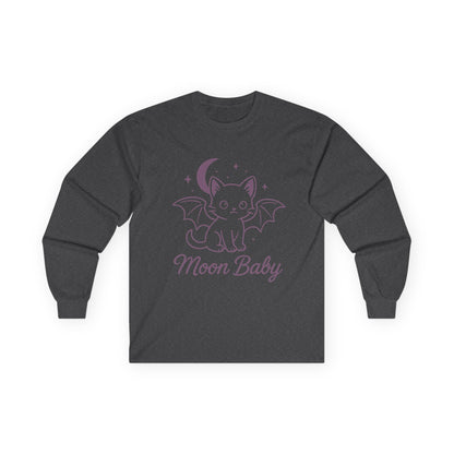 Moon Baby Graphic Long Sleeve Tee, Super Cute Cat T-Shirt, Witchy Aesthetic Apparel, Gift for Cat Lovers, Halloween/Fall Fashion