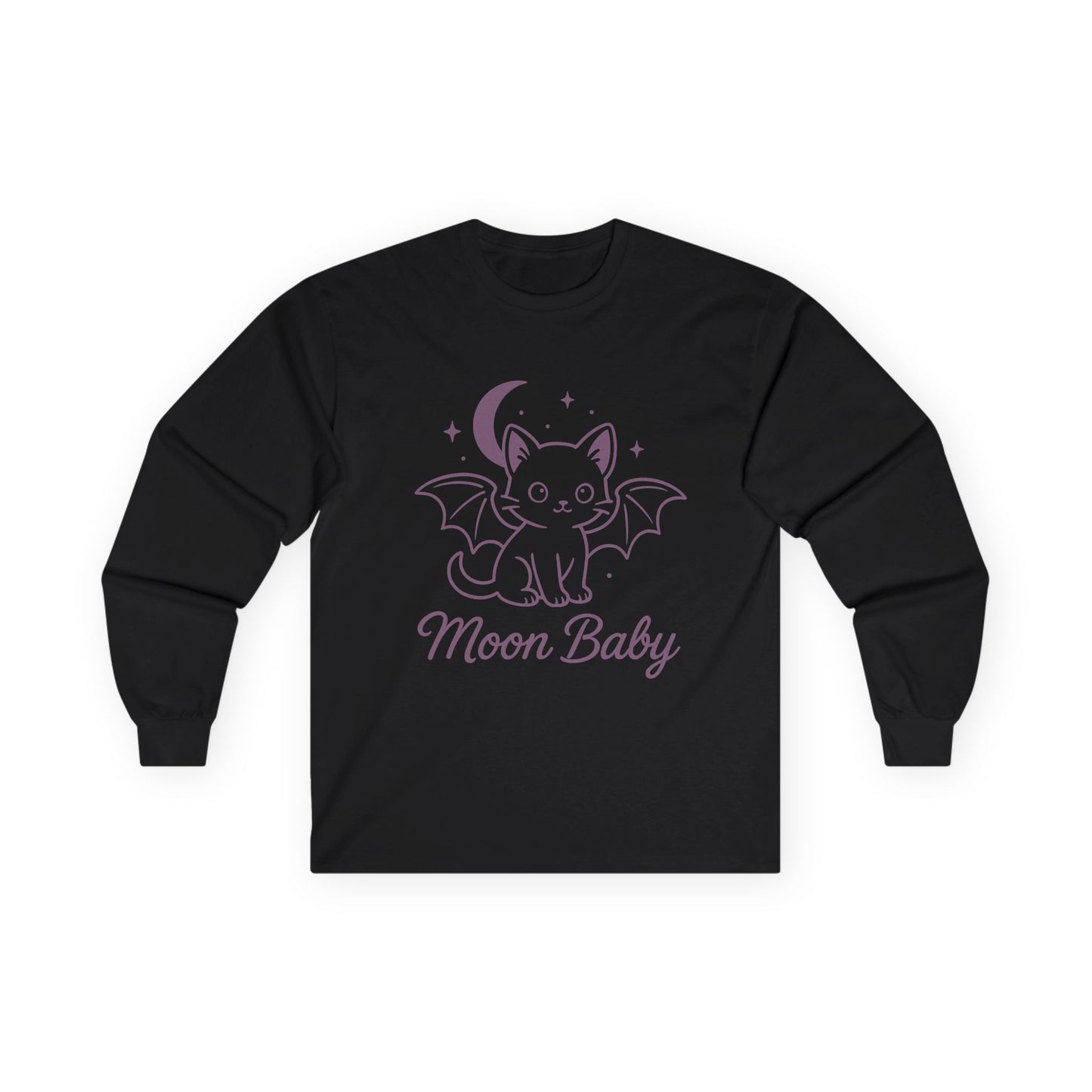 Moon Baby Graphic Long Sleeve Tee, Super Cute Cat T-Shirt, Witchy Aesthetic Apparel, Gift for Cat Lovers, Halloween/Fall Fashion