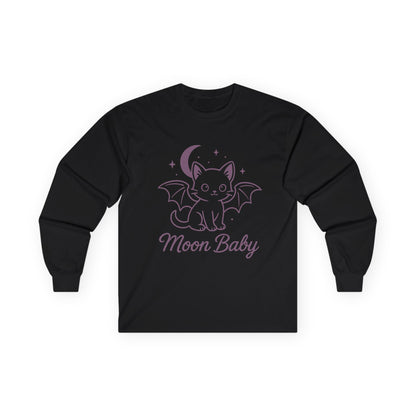Moon Baby Graphic Long Sleeve Tee, Super Cute Cat T-Shirt, Witchy Aesthetic Apparel, Gift for Cat Lovers, Halloween/Fall Fashion