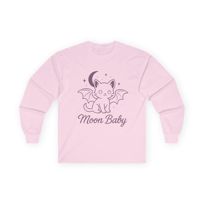 Moon Baby Graphic Long Sleeve Tee, Super Cute Cat T-Shirt, Witchy Aesthetic Apparel, Gift for Cat Lovers, Halloween/Fall Fashion