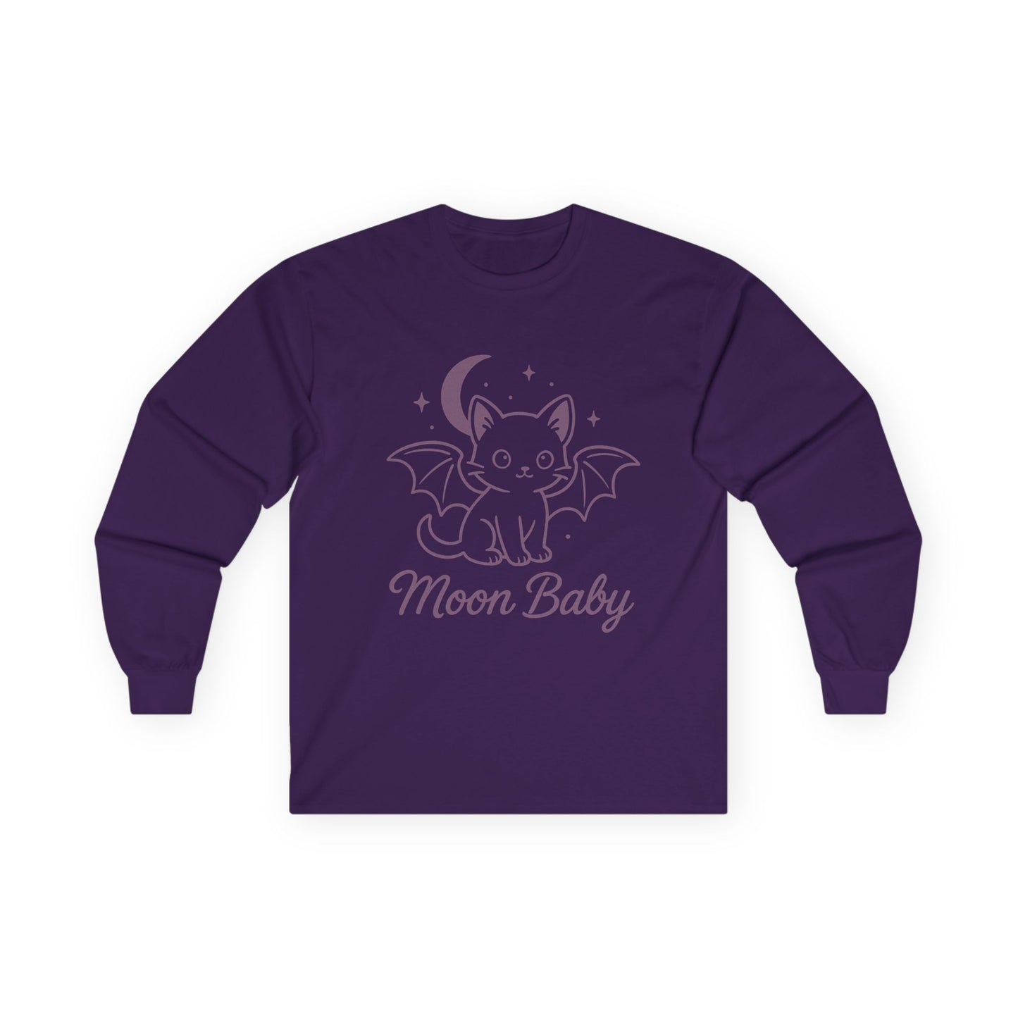 Moon Baby Graphic Long Sleeve Tee, Super Cute Cat T-Shirt, Witchy Aesthetic Apparel, Gift for Cat Lovers, Halloween/Fall Fashion