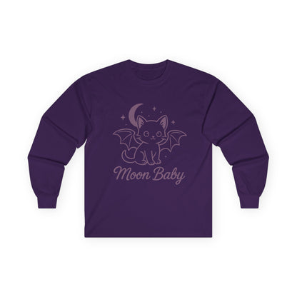 Moon Baby Graphic Long Sleeve Tee, Super Cute Cat T-Shirt, Witchy Aesthetic Apparel, Gift for Cat Lovers, Halloween/Fall Fashion