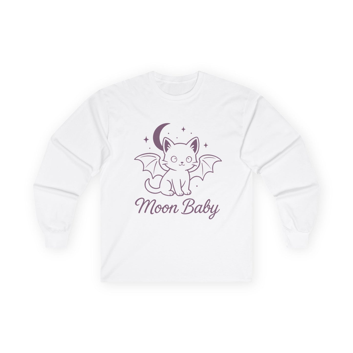 Moon Baby Graphic Long Sleeve Tee, Super Cute Cat T-Shirt, Witchy Aesthetic Apparel, Gift for Cat Lovers, Halloween/Fall Fashion