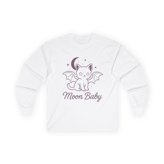 Moon Baby Graphic Long Sleeve Tee, Super Cute Cat T-Shirt, Witchy Aesthetic Apparel, Gift for Cat Lovers, Halloween/Fall Fashion
